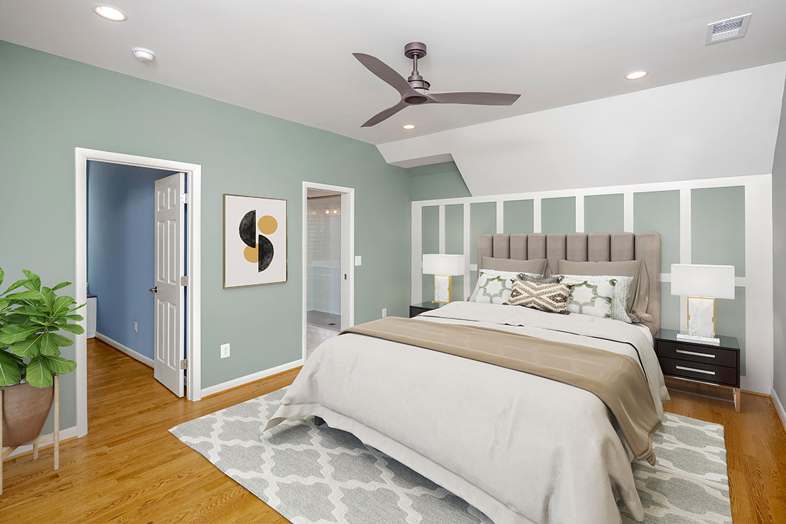 Master bedroom with tasteful design in a Bethesda MD custom new home