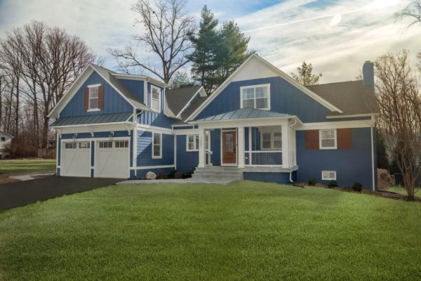 Exterior of new custom home at sunset