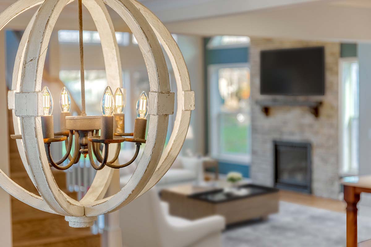 Luxury light fixture in living room of custom home in National Landing