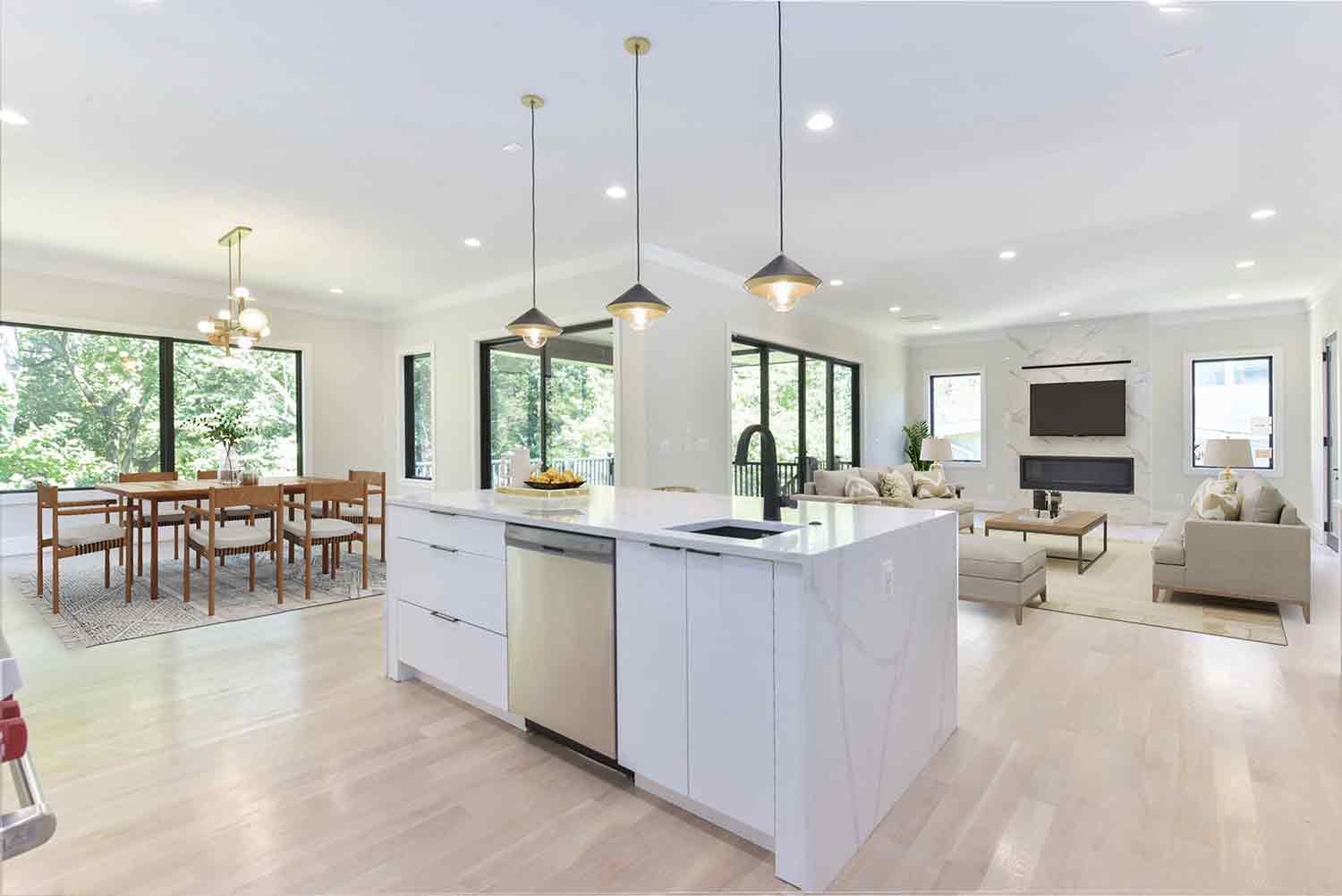 Kitchen island and open living area of custom home builder in Kensington MD