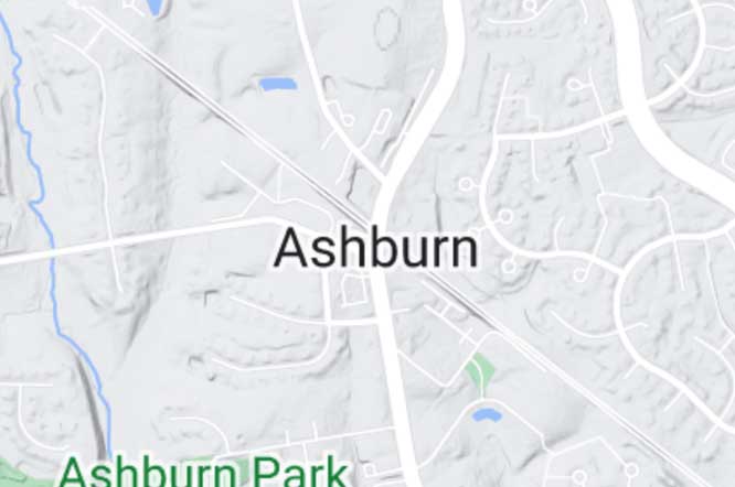 Map centered on city of Ashburn Virginia