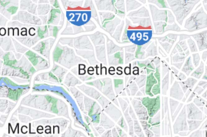 Map centered on city of Bethesda Maryland