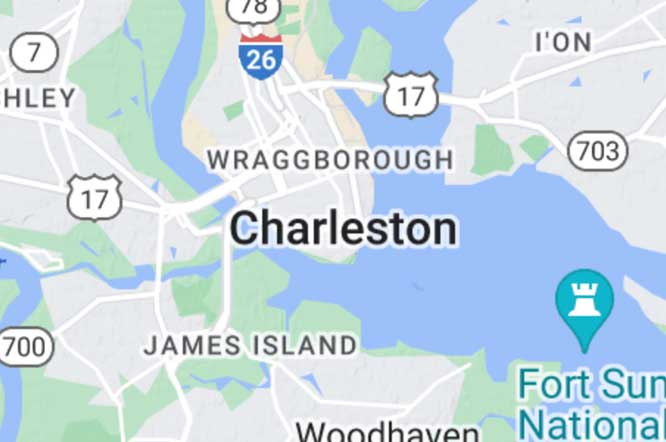 Map centered on city of Charleston South Carolina