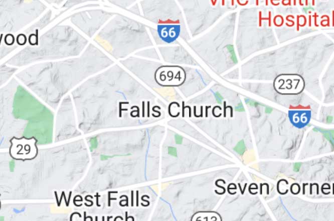 Map centered on city of Falls Church Virginia