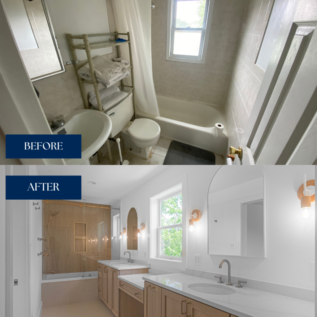Before image of a small, outdated bathroom (top); after image of the transformed bathroom now with more space and luxurious fixtures and finishings