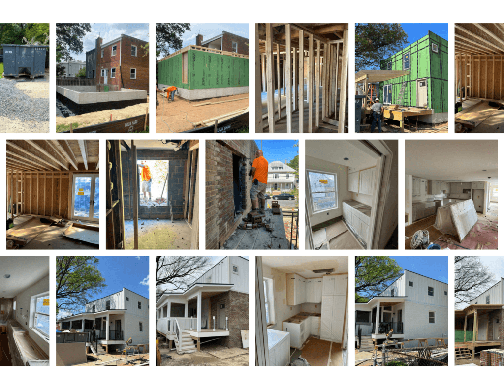 A collage of photos showcasing various stages of a home renovation project. The images include: Initial construction site with a dumpster and foundation work in progress. Exterior view of the home with new framing and sheathing being installed. Workers on-site applying exterior sheathing and framing walls. Interior framing showcasing the new layout and structural changes. Progress on the second level with sheathing and window installations. Interior view of framed rooms, highlighting new wall and ceiling structures. Bricklaying work being done on the exterior. Installation of new windows and insulation. Installation of new kitchen cabinets. Living area with protective coverings over floors and countertops. Rear exterior view showing progress on the back addition and new deck. Various stages of the kitchen remodel, including new cabinetry and appliances. Final stages of exterior finishing with siding and trim work.