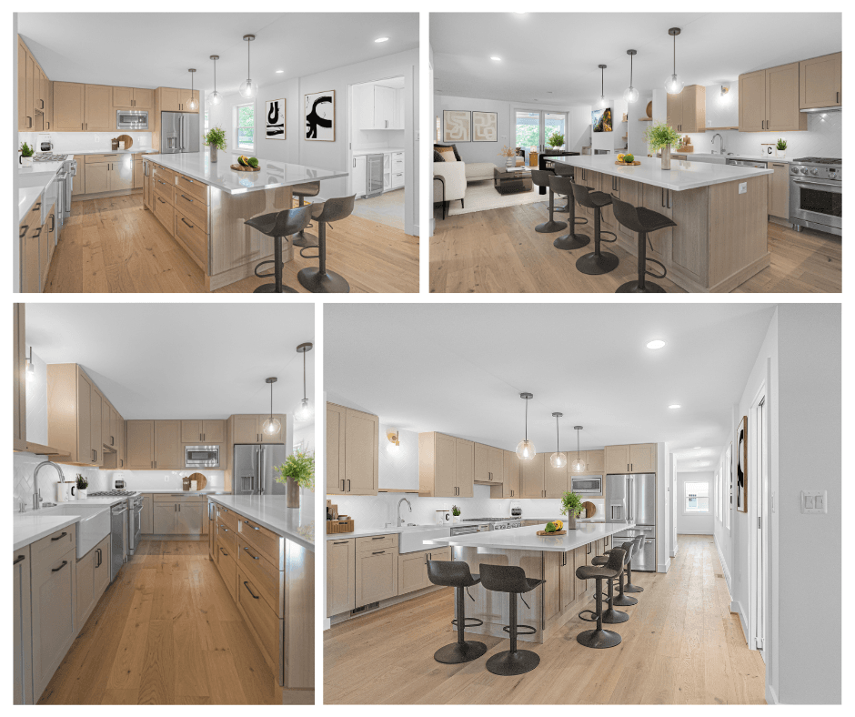 A collage of photos showcasing the interior of a newly renovated kitchen and living area. The images highlight: A spacious, modern kitchen with light wood cabinetry, a large central island with a white countertop, and black barstools. An open-concept living area connected to the kitchen, featuring built-in shelving, a modern fireplace, and hardwood flooring throughout. A close-up of the kitchen, showing stainless steel appliances, a farmhouse sink, and sleek cabinetry with black hardware. A long view of the kitchen and hallway, emphasizing the open layout, pendant lighting over the island, and the continuity of design elements like the wood flooring and modern fixtures. The space is bright and airy, with ample natural light and a cohesive modern design.