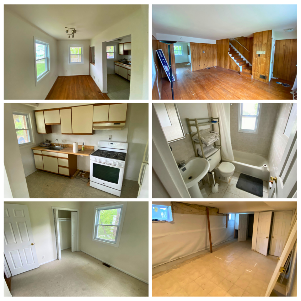 A collage of interior photos showing various rooms of a home before renovation. The images include: A narrow dining area with wooden floors and a small kitchen visible in the background. A living room with wooden paneling on the walls and a staircase leading upstairs. A close-up of the outdated kitchen featuring old cabinets and a white stove. A small bathroom with a bathtub, sink, and toilet, showing dated fixtures and tile. A bedroom with carpeted floors, a window, and a closet. A basement area with unfinished walls and floors, indicating potential for future improvement