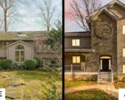 Side-by-side comparison of a home exterior before and after a major renovation. The left image shows the original structure—a dated split-level home with beige horizontal siding, a simple roofline, and overgrown landscaping. The right image reveals a dramatic transformation: a two-story modernized home with a prominent stone tower feature, symmetrical stucco siding, upgraded windows, and a new front entry with steps and clean landscaping. Labeled “BEFORE” and “AFTER” at the bottom corners, the photo highlights the architectural impact of a pop-top addition and exterior redesign.