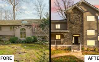 Side-by-side comparison of a home exterior before and after a major renovation. The left image shows the original structure—a dated split-level home with beige horizontal siding, a simple roofline, and overgrown landscaping. The right image reveals a dramatic transformation: a two-story modernized home with a prominent stone tower feature, symmetrical stucco siding, upgraded windows, and a new front entry with steps and clean landscaping. Labeled “BEFORE” and “AFTER” at the bottom corners, the photo highlights the architectural impact of a pop-top addition and exterior redesign.