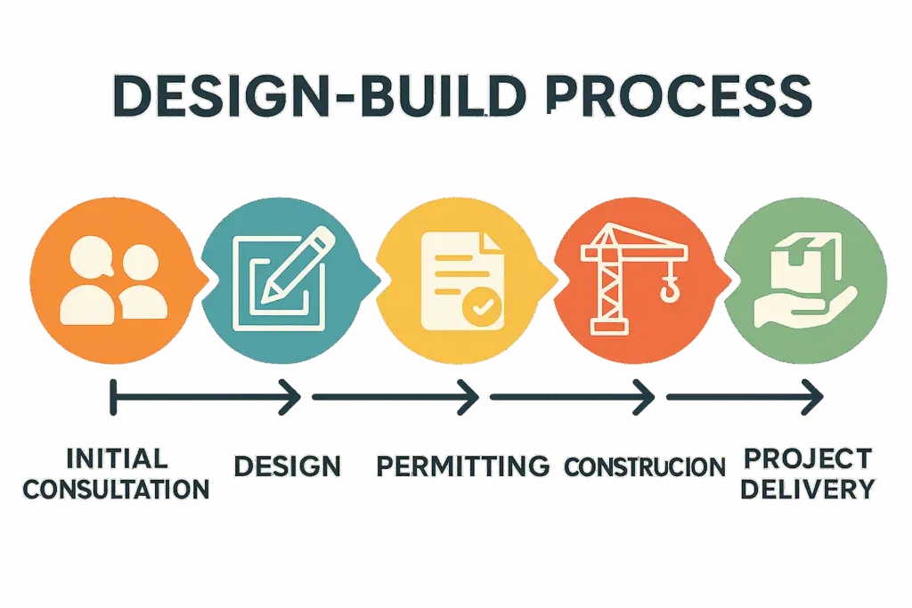 Visual infographic of the design-build process showing five phases: initial consultation, design, permitting, construction, and project delivery.