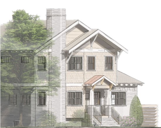 Architectural rendering of a Craftsman-style bungalow pop-top addition, showing a new second story with gabled roof and updated front porch entry.