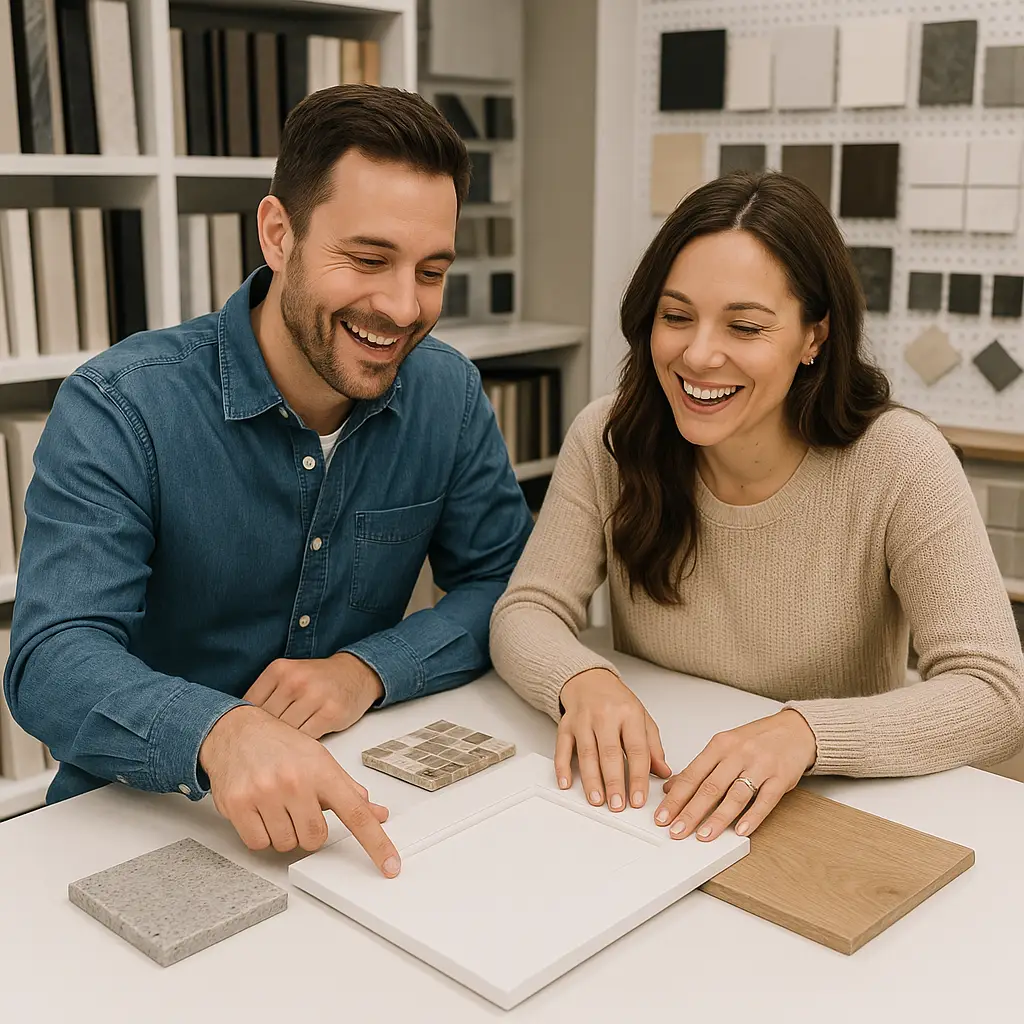 Smiling couple reviewing cabinet, tile, and flooring samples at a design center during the custom home planning process.