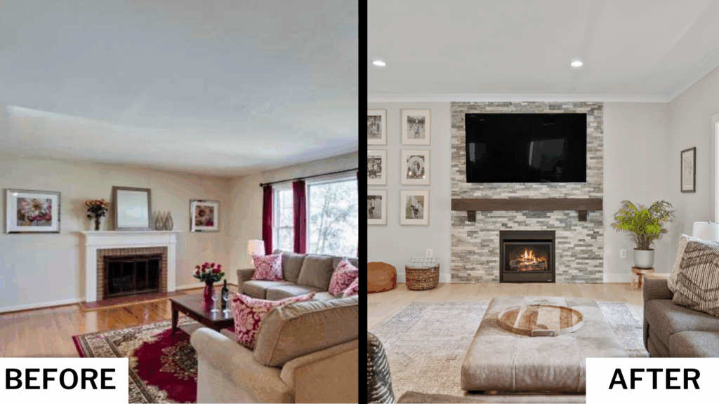 Before-and-after photo of a living room renovation showing a transformation from a dated, traditional fireplace and decor to a modern, light-filled space with a stone fireplace, mounted TV, and updated furnishings