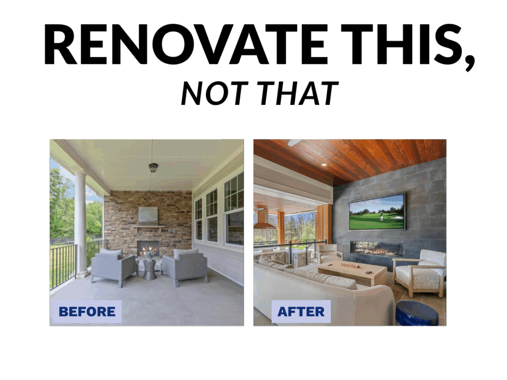 Before and after of an outdoor living space renovation: from a simple covered porch with stone fireplace to a modern patio with fireplace, TV, and luxury seating