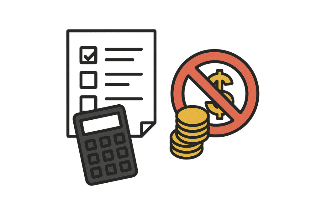 Illustration of inadequate budget planning in custom home construction — calculator, checklist, and coins with a warning symbol representing overlooked costs and lack of a contingency fund.