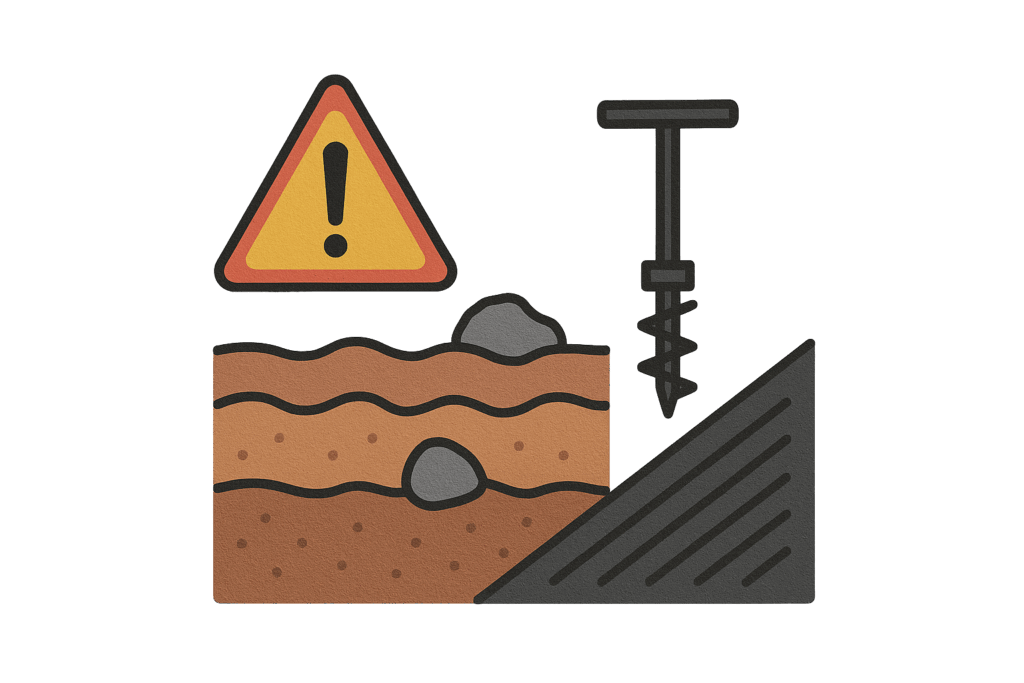 Illustration of soil testing with warning sign, drill tool, and rocky ground layers — highlighting risks of unforeseen site conditions in construction projects.