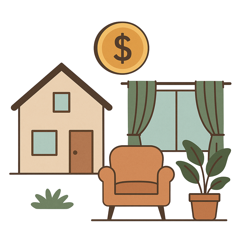 Flat illustration of post-construction costs for custom homes showing a finished house with landscaping, green curtains on a window, a cozy armchair, and a potted plant beneath a dollar sign coin.