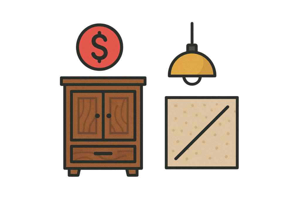 Flat illustration of home finish upgrades showing a wooden cabinet, pendant light, and tile sample with a dollar sign above, symbolizing allowance overruns in custom home building.
