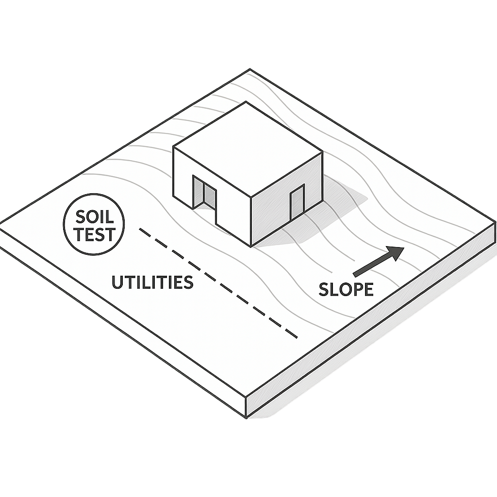 3D conceptual site plan illustration of a residential lot highlighting soil test location, slope direction, and utility line placement