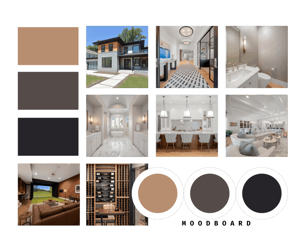 Custom home design mood board featuring earthy beige and gray color palettes, exterior and interior photos, bathrooms, kitchen, living spaces, and lifestyle amenities like wine cellar and golf simulator.