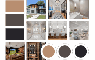 Custom home design mood board featuring earthy beige and gray color palettes, exterior and interior photos, bathrooms, kitchen, living spaces, and lifestyle amenities like wine cellar and golf simulator.