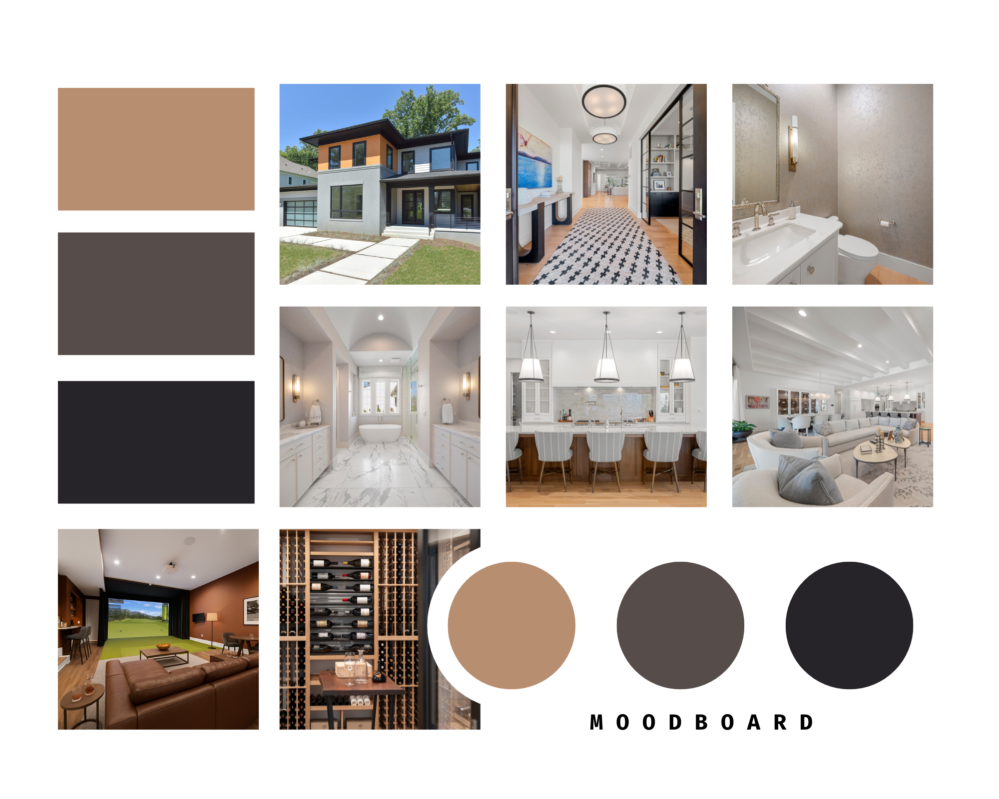 Custom home design mood board featuring earthy beige and gray color palettes, exterior and interior photos, bathrooms, kitchen, living spaces, and lifestyle amenities like wine cellar and golf simulator.